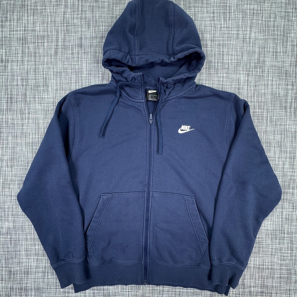 Nike Mens Large Sportswear Club Fleece Full Zip Hoodie Navy Blue Cotton Blend